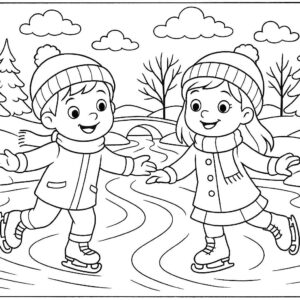 Boy and girl skating on frozen river