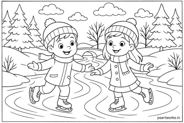 Boy and girl skating on frozen river