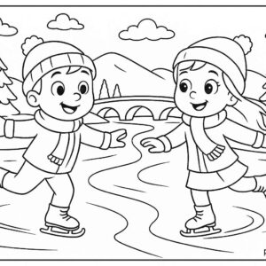 Boy and girl skating on frozen river