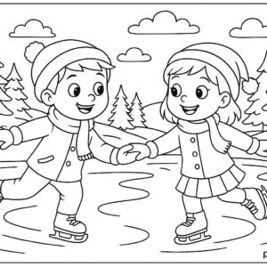 Boy and girl skating on frozen river