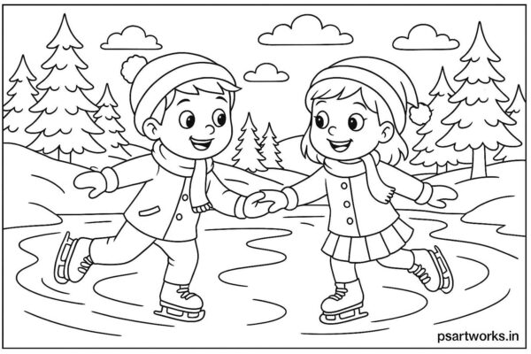 Boy and girl skating on frozen river