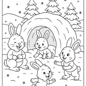 Bunny family playing near snow cave