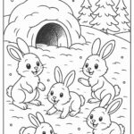 Bunny family playing near snow cave