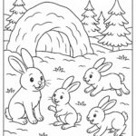 Bunny family playing near snow cave