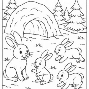 Bunny family playing near snow cave