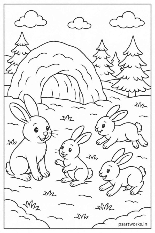 Bunny family playing near snow cave