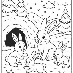Bunny family playing near snow cave