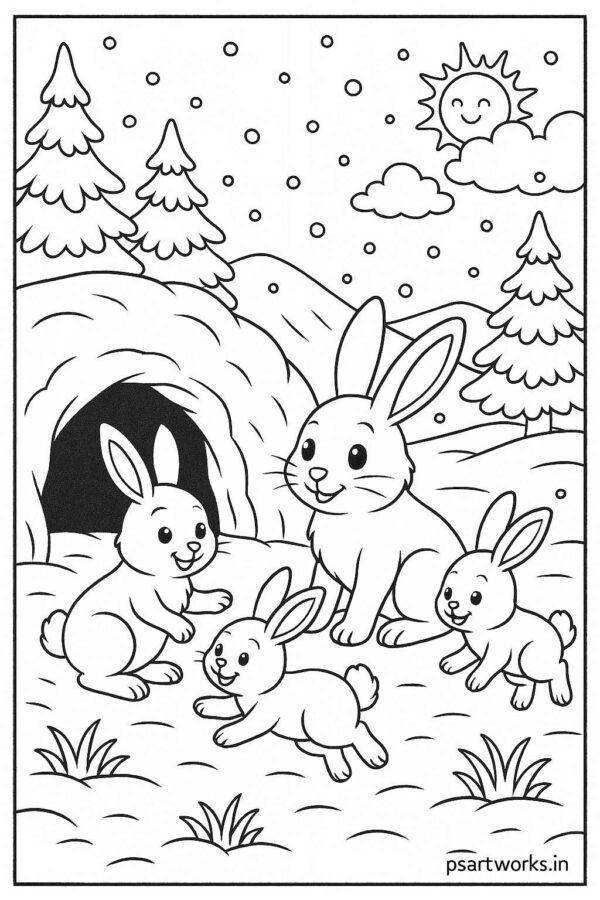 Bunny family playing near snow cave