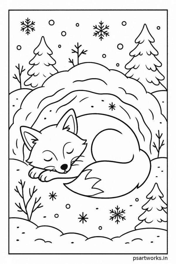 Fox sleeping inside snow burrow