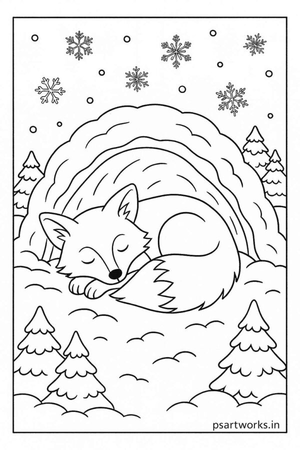 Fox sleeping inside snow burrow