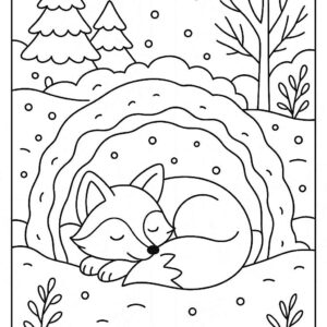 Fox sleeping inside snow burrow