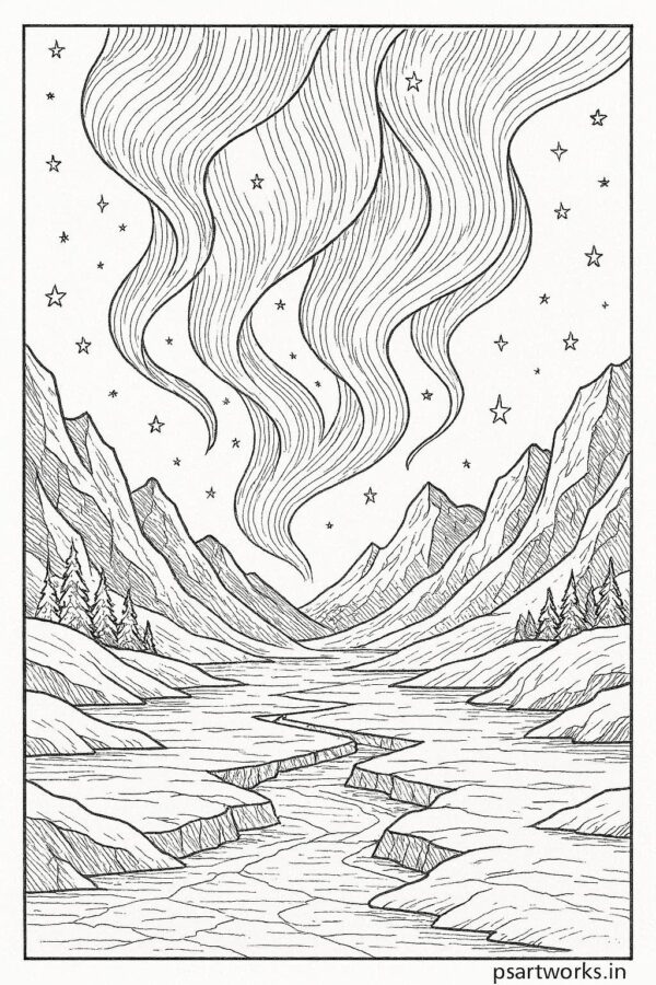 Magical aurora lights over icy valley