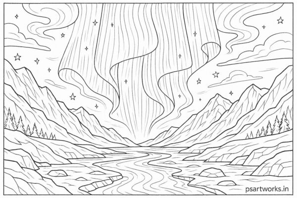 Magical aurora lights over icy valley