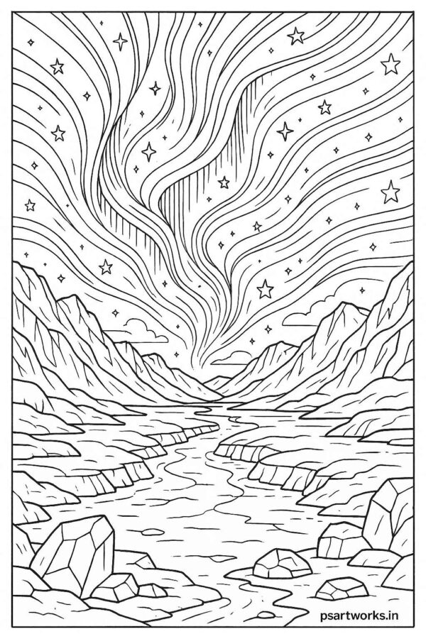 Magical aurora lights over icy valley