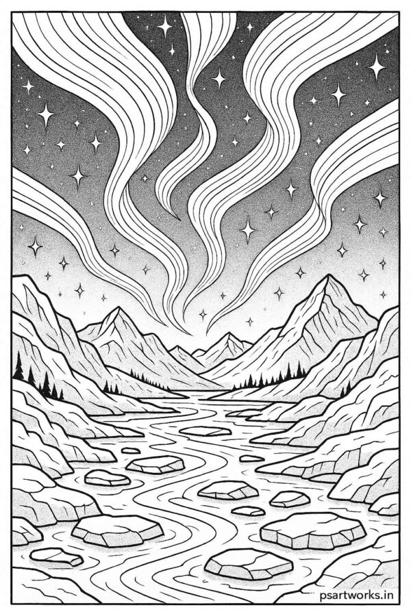 Magical aurora lights over icy valley