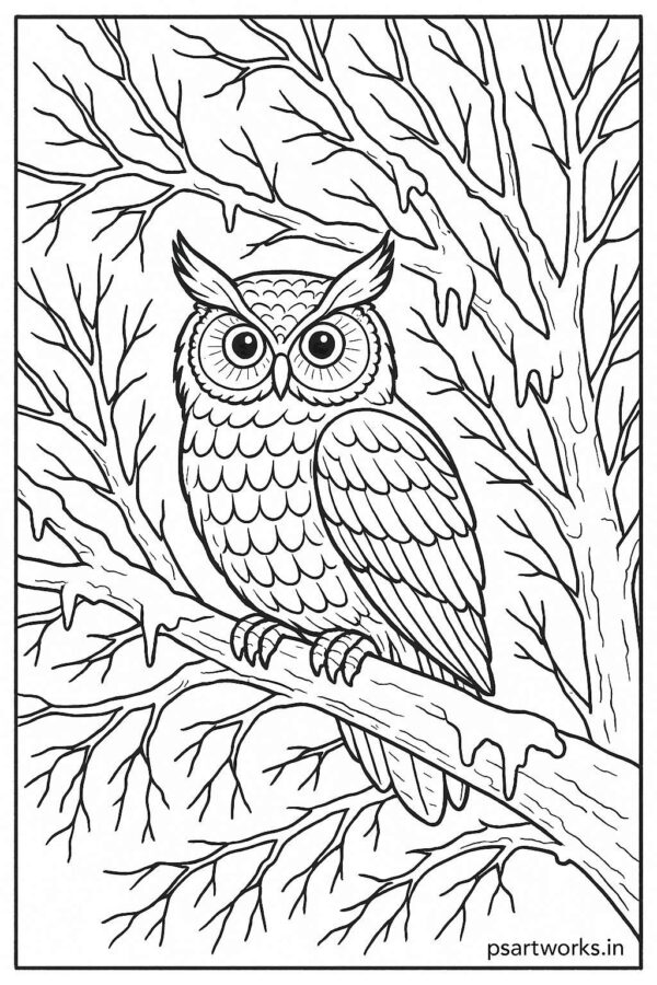 Owl perched on frozen tree branch