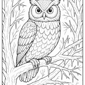 Owl perched on frozen tree branch