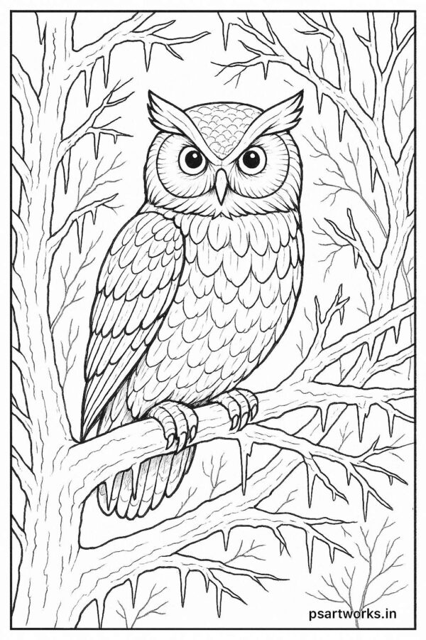 Owl perched on frozen tree branch