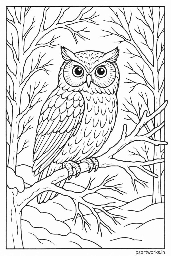 Owl perched on frozen tree branch