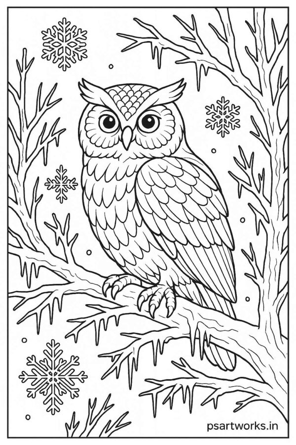 Owl perched on frozen tree branch