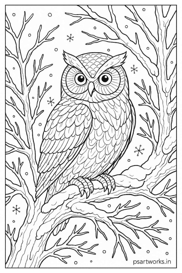 Owl perched on frozen tree branch