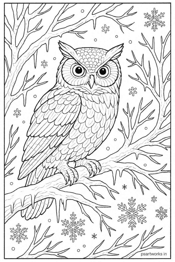 Owl perched on frozen tree branch