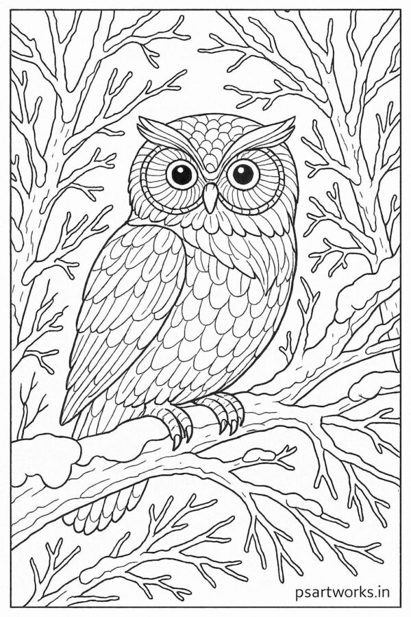 Owl perched on frozen tree branch