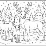 Reindeer family standing in snow-covered forest