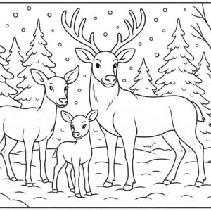 Reindeer family standing in snow-covered forest