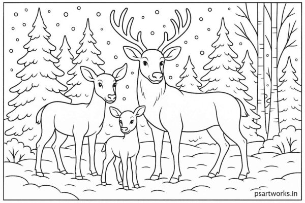 Reindeer family standing in snow-covered forest