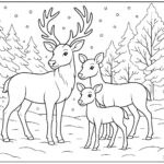 Reindeer family standing in snow-covered forest