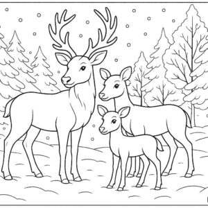 Reindeer family standing in snow-covered forest