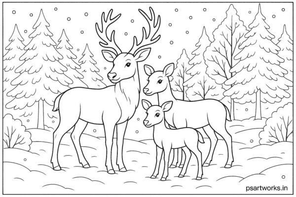 Reindeer family standing in snow-covered forest