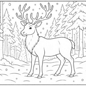 Reindeer standing in snow-covered forest.