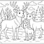 Reindeer family standing in snow-covered forest