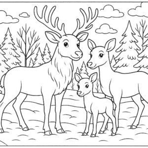 Reindeer family standing in snow-covered forest