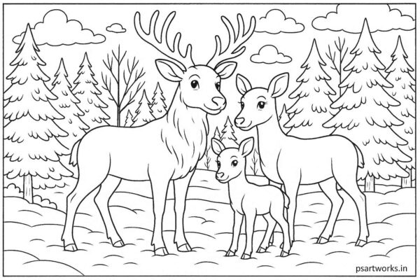 Reindeer family standing in snow-covered forest