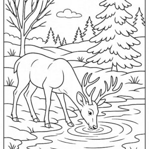 Deer drinking water from icy pond