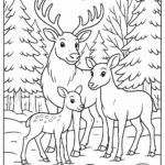 Reindeer family standing in snow-covered forest