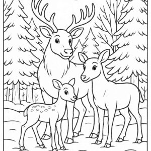 Reindeer family standing in snow-covered forest