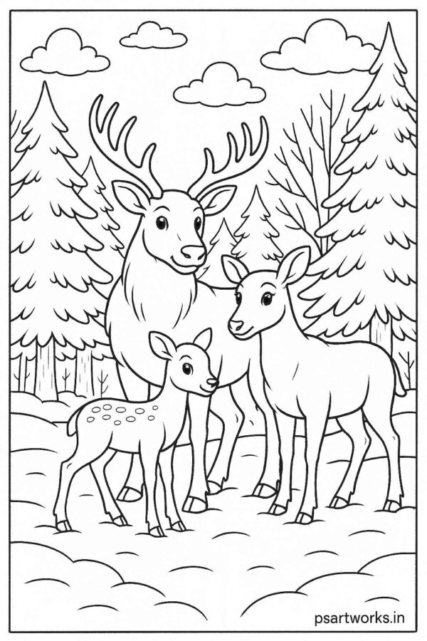 Reindeer family standing in snow-covered forest