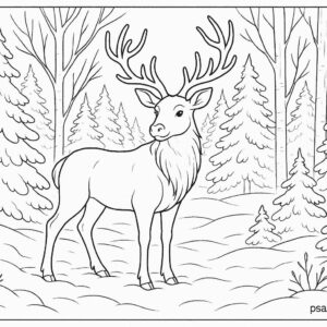 Reindeer standing in snow-covered forest.
