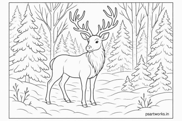 Reindeer standing in snow-covered forest.
