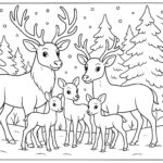 Reindeer family standing in snow-covered forest