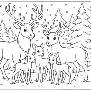 Reindeer family standing in snow-covered forest