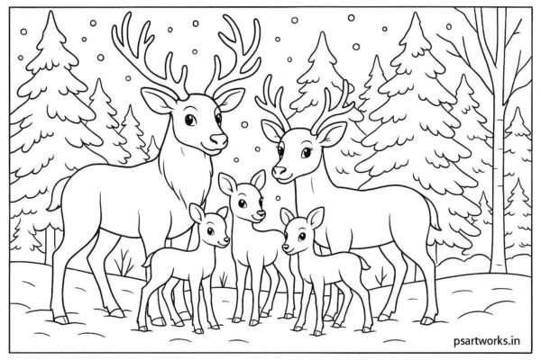 Reindeer family standing in snow-covered forest
