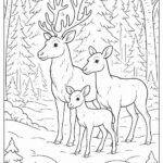 Reindeer family standing in snow-covered forest