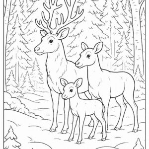 Reindeer family standing in snow-covered forest