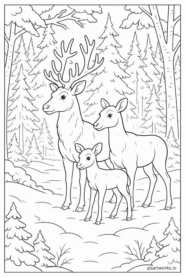Reindeer family standing in snow-covered forest