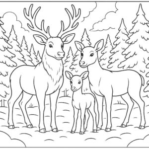 Reindeer family standing in snow-covered forest